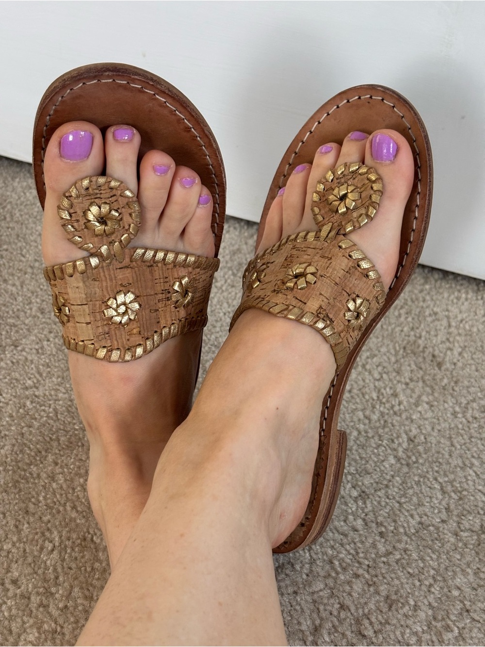 Jack Rogers Tan Cork Toe-Loop Sandals with Gold Accents